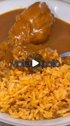 a white plate topped with rice and meat covered in gravy