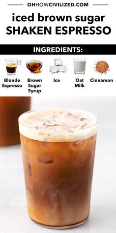 iced brown sugar shaker espresso recipe with ingredients on the side, including cinnamon syrup and ice cream