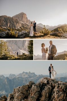 a couple standing on top of a mountain next to each other in front of mountains