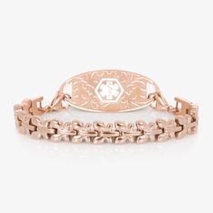 The Meadow Medical ID Bracelet in Rose Gold features abstract butterfly-shaped links in rose gold tone stainless steel. Easily attach Meadow to your favorite Lauren's Hope ID tag by affixing the tag to lobster clasps at each end of the bracelet. Customize your Meadow by stacking up to three interchangeable bracelets on one tag. 

If you are a woman with a history of asthma, type one diabetes, type two diabetes, ALS, COPD, Crohn's Disease, Alzheimer's disease, hearing loss, vision loss, Cystic Fi Interchangeable Bracelet, Medical Alert Bracelet, Abstract Butterfly, Medical Id Bracelets, Medic Alert Bracelets, Medical Alert, Id Bracelets, Butterfly Shape, Beautiful Rose