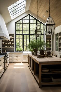 Modern farmhouse kitchen with island, large window, skylight and apron sink Modern Spanish Kitchen, Island Kitchens, Kitchens Modern, Makeover Kitchen, Kitchens Ideas, Elegant Kitchen Design, Decorating Kitchen, Rustic Bedroom Decor, Organization Kitchen