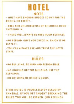 the rules for hotel rooms are shown in gold and white, as well as an image of