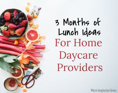 some fruits and vegetables on top of each other with the words 3 months of lunch ideas for home day care providers