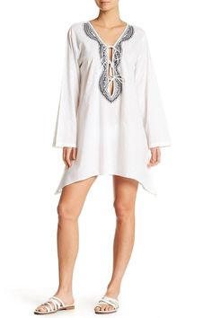 White Full Sleeved Beach Cover Up Dress with Embroidery - Hot Boho Resort & Swimwear Chic Tunic Cover-up For Beach Season, Beachy White V-neck Cover-up, Chic V-neck Beach Party Cover-up, Chic V-neck Beach Dress For Holiday, Spring V-neck Beachwear Tunic, Holiday V-neck Beach Dress, V-neck Boho Dress For Beach Vacation, Embroidered Kaftan For Beach Cover-up, Bohemian White V-neck Cover-up