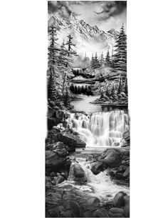 a black and white photo of a waterfall in the woods with trees on it's side