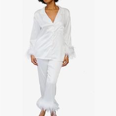 Nwt White Satin Pajama Set Fuzzy Feather Trim Straight From Amazon, Never Worn! Perfect For Bridal Wear, Bride Pajamas, Bride Getting Ready Outfit! Three Small Dots On The Back Of The Top Size Small Measurements In Picture! White V-neck Bedtime Set, White V-neck Pajama Party Sets, Fitted White Lounging Sets, White Fitted Loungewear Set, White Fitted Lounging Set, Bride Getting Ready Outfit, Bride Pajamas, Bride Pajama, Satin Pajama Set