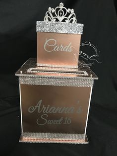 two boxes are stacked on top of each other with the words cards and ariana's sweet 16 written on them