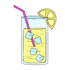 a glass filled with lemonade and ice cubes next to a straw in it