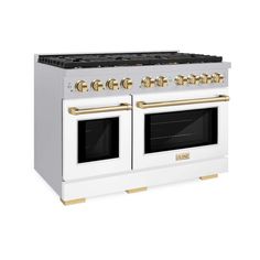 a white and gold stove with two ovens on each burner, in front of a white background