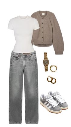 2011 Outfits Style, Light Grey Denim Jeans Outfit, Easy Casual Work Outfits, Cool Tone Outfits Color Palettes, Mild Weather Outfits, Grey Campus 00s Outfit, Stockholm Style School, Outfits With Grey Jeans, September Fits