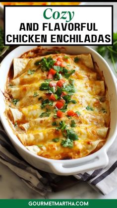 a casserole dish filled with chicken enchiladas and topped with cilantro