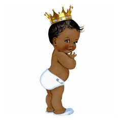 a baby wearing a blue diaper with a gold crown on it's head