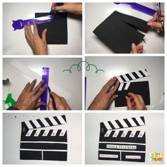 the steps to make a movie clapper from construction paper and glue are shown in four different views