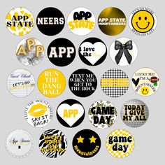 many different badges and stickers on a gray background with the words app, i love you