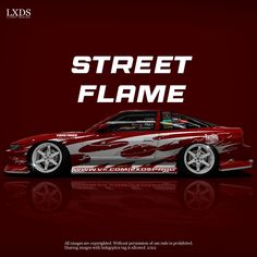 a red car with flames on it and the words street flame written in white letters