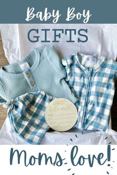 baby boy gifts for mom's love are on display in a box with the words,