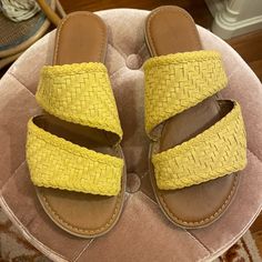 Basically Brand New Maybe Worn Once Or Twice. I Just Don’t Have A Lot That The Color Matches. I’m Just Not A Yellow Gal Lol. But They’re Super Comfy And I Loved How They Fit! Women’s 11. Slide On Sandal, Doesn’t Fall Off! Target Brand White Slides Sandals, Strappy Block Heel Sandals, Shoes Yellow, White Slides, Double Strap Sandals, Strappy Block Heels, Tan Sandals, Blue Tweed, Target Brands