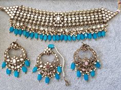 Ferozi Mirror Choker Set in Antique Gold Finishing Includes Choker, Earrings and Tikka  Perfect for Parties, Weddings, Events etc Bohemian Jewelry Sets With Intricate Design For Wedding, Bohemian Jewelry Sets With Matching Earrings For Wedding, Handmade Bohemian Kundan Necklace For Wedding, Bohemian Jewelry Sets For Wedding Festivals, Handmade Bridal Earrings For Wedding And Festivals, Bohemian Round Bridal Necklace For Wedding, Blue Bridal Necklace With Intricate Design For Weddings, Bohemian Bridal Necklace For Wedding, Bohemian Hand Set Earrings For Wedding