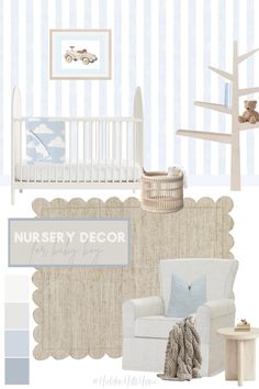 a baby's nursery room with blue and white striped walls