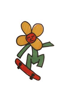 a drawing of a skateboarder with a flower on his head is in the air