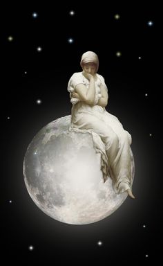 a woman sitting on top of the moon with her hands clasped to her chest and head