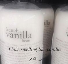 two bottles of french vanilla soap sitting next to each other on a shelf with the words i love smelling like vanilla