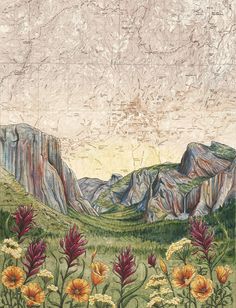 a painting of mountains with flowers in the foreground