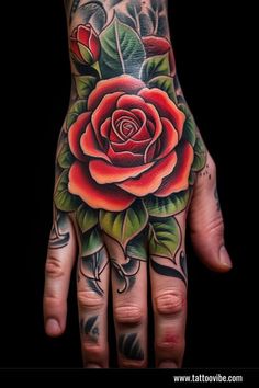 a rose tattoo on the palm of someone's hand, with leaves and flowers around it