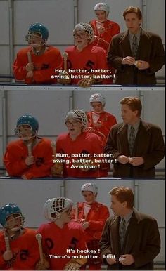 two men in red jerseys talking to each other with helmets on their heads and the caption that says, they're hockey