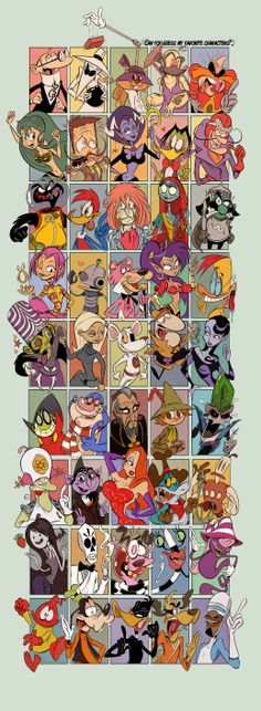 an image of many cartoon characters in different colors and sizes, all grouped together on one side