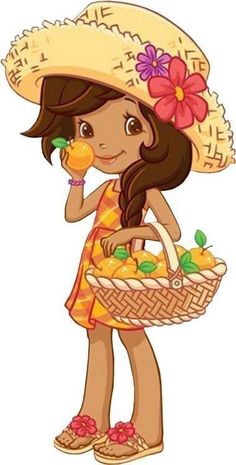 a girl in a straw hat holding a basket of fruit