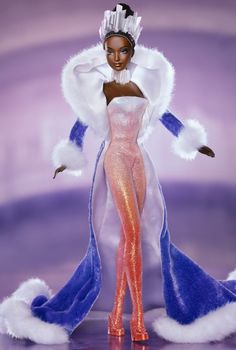 a barbie doll dressed in blue and white with fur on her head, standing next to a purple background