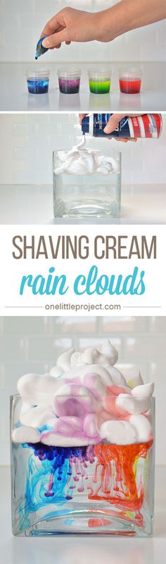 an image of the hands that are painting different colors on glass containers with text overlay reading shaving cream rain clouds