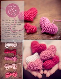 crocheted hearts are shown in three different pictures, one is pink and the other is white