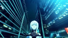 an anime character standing in the middle of a city with tall buildings and neon lights