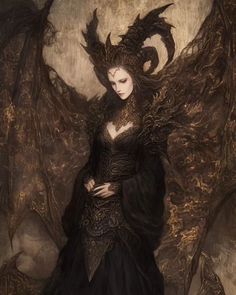 a woman in black dress standing next to a dragon