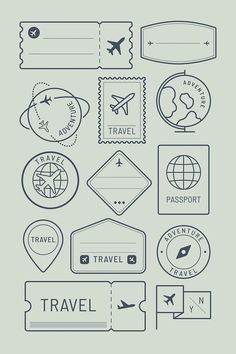 travel stamps and badges are shown in this illustration