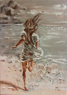 a painting of a girl running on the beach with her hair blowing in the wind