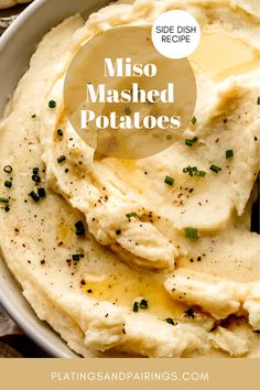 mashed potatoes in a white bowl with text overlay that reads side dish recipe miso mashed potatoes