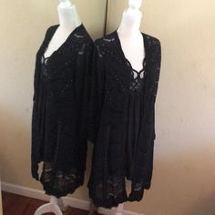 Vocal Long Lacy Jacket With Studs Bohemian Black Outerwear For Layering, Long-sleeved Black Outerwear For Layering, Black Long Sleeve Outerwear For Layering, Black Bohemian Long Sleeve Outerwear, Lacy Outfits, Lacy Cardigan, Goth Fits, Dressy Sweaters, Studded Jacket