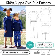 the kids's night owl pajamas pattern is shown