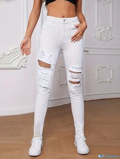 Orcajump - Fashion Distresses Ripped Denim Pants, Solid Color Slash Pockets Button Long Jeans, Women's Denim Jeans & Clothing Ripped High Waist Non-stretch Jeans, High Waist Non-stretch Ripped Jeans, Non-stretch Distressed High Waist Jeans, Distressed Non-stretch High Waist Jeans, Trendy Non-stretch Ripped Pants, Non-stretch High Waist Distressed Jeans, Trendy Mid-rise Jeans With Holes, Fitted High Rise Jeans With Holes, Fitted High-rise Jeans With Holes