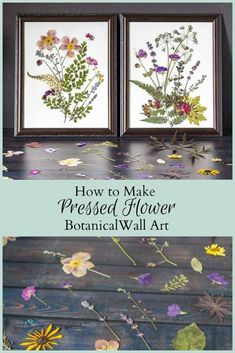 two framed pictures with flowers on them and the words how to make pressed flower botanical wall art