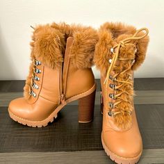 Never Worn Brown Synthetic Heels For Winter, Beige Boots With Faux Fur Trim And Round Toe, Fall High-top Boots With Faux Fur Lining, Winter Ankle Boots With Faux Fur Trim, Casual High-top Boots With Faux Fur Lining, Square Toe Leather Boots, Brown Lace-up Boots With Faux Fur Trim, Brown Suede Ankle Boots, Festival Boots