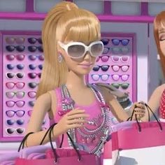 a barbie doll holding shopping bags in front of a store display with sunglasses on it