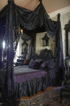 the canopy bed is decorated in black and purple