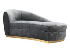 a grey couch with gold trim on the bottom and back legs, sitting in front of a white background