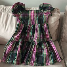 Perfect Condition! Worn Once For A Few Hours Taffeta Like Material Zip Back Purple Short Sleeve Dress For Playtime, Plaid Dress, Kids' Dresses, J Crew, Black Pink, Plaid, Pink, Black, Color