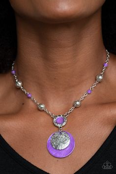 A dainty collection of ornate silver beads and purple stone beads dot a dainty silver chain, giving way to a hammered silver ring featuring a shell-like center. A hammered silver disc and purple shell-like disc swing from the bottom, creating a summery pendant. Features an adjustable clasp closure. Sold as one individual necklace. Includes one pair of matching earrings. Boho Wedding Jewelry, Hammered Silver Ring, Purple Necklace, Purple Stones, Hammered Silver, Simple Jewelry, Beach Jewelry, Boutique Jewelry, Necklace Earring Set