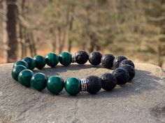 "💎10mm genuine green malachite & black lava protection bracelet, Stretch Bracelet, Bracelet for Men, Men's Bracelet. This gorgeous, all-natural/genuine green malachite & black lava stone protection bracelet is made 10mm green malachite (heavy weight) gemstones (not \"Man Made\") and 10mm all-natural black lava stones. This beautiful protection bracelet is strung together with high-quality adjustable elastic stretch cord for easy on and off. Please read Bracelet Size instructions below before or Adjustable Malachite Bead Bracelets, Adjustable Malachite Bracelets With 8mm Beads, Spiritual Malachite Bracelets With 8mm Beads, Lava Rock Bracelet, Malachite Bracelet, Green Malachite, Protection Bracelet, Men's Bracelet, Lava Rock